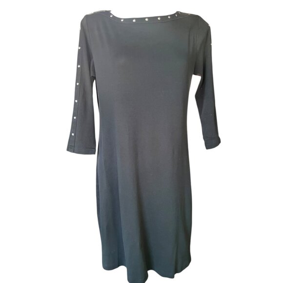 Karen Scott Sport Black Stretch Knit Dress Womens Medium Studded Neckline - Picture 1 of 9